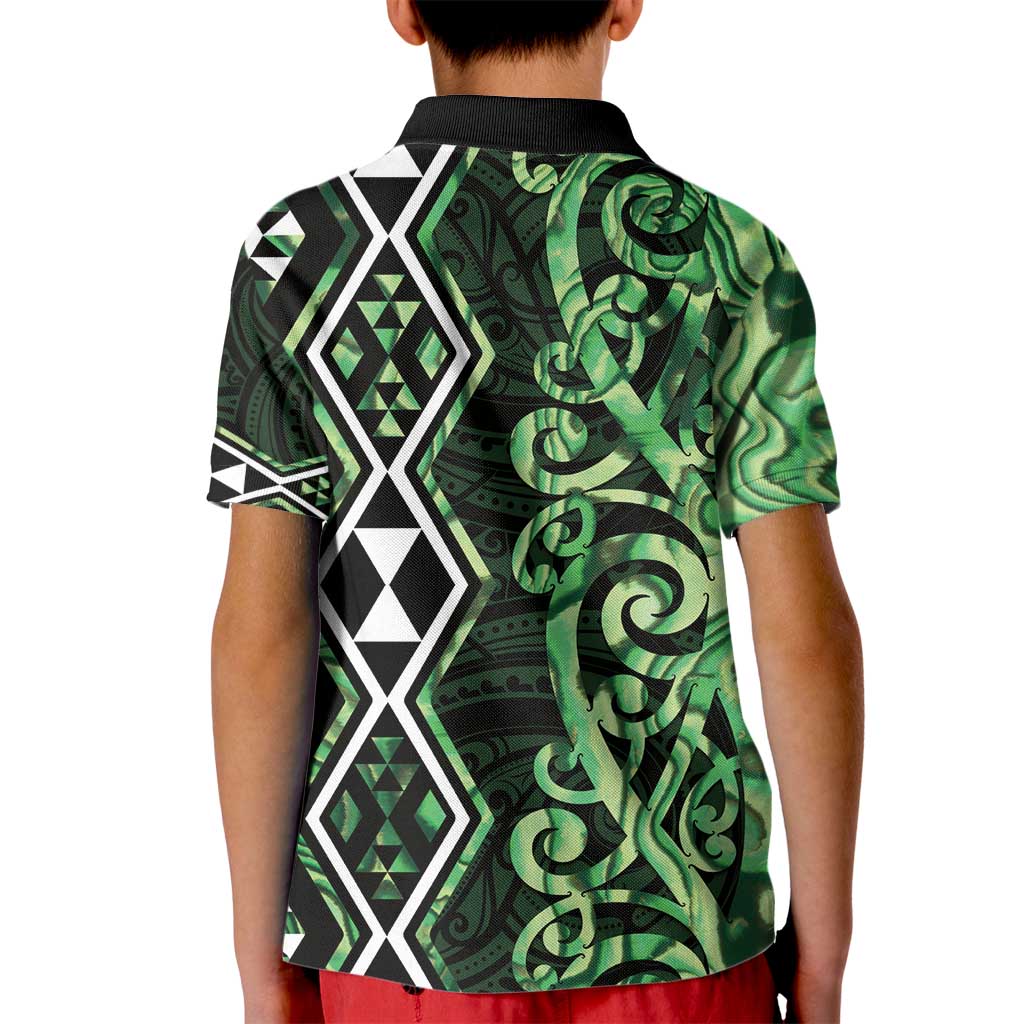 Green Aotearoa Kid Polo Shirt Taniko Motifs With Paua Shell Kowhaiwhai LT14 - Polynesian Pride