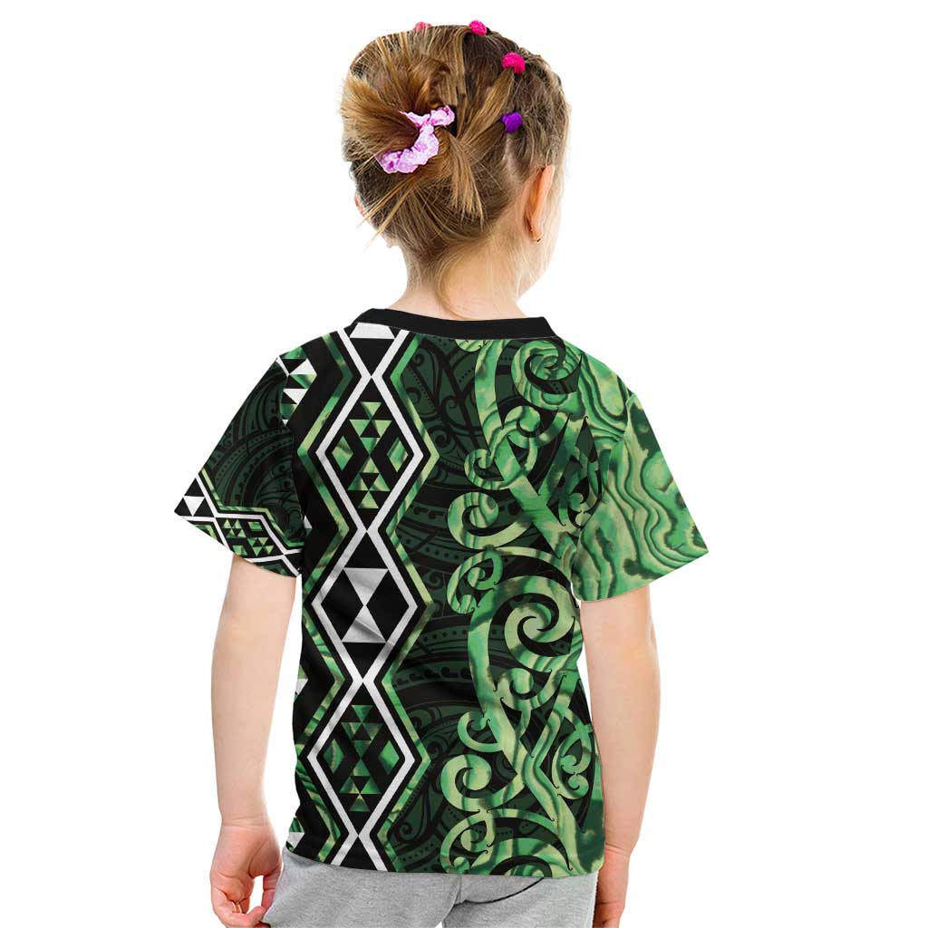 Green Aotearoa Kid T Shirt Taniko Motifs With Paua Shell Kowhaiwhai LT14 - Polynesian Pride