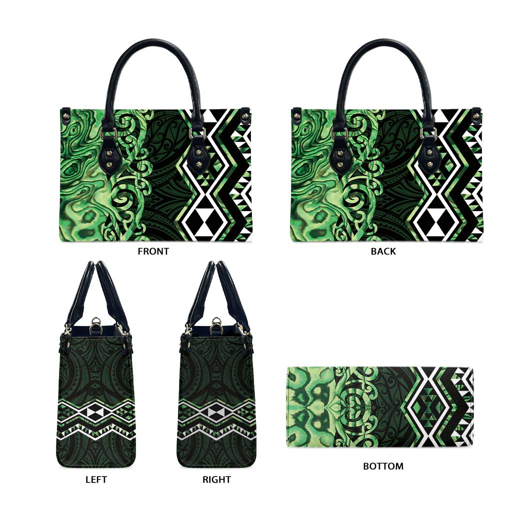 Green Aotearoa Leather Bag Taniko Motifs With Paua Shell Kowhaiwhai - Polynesian Pride