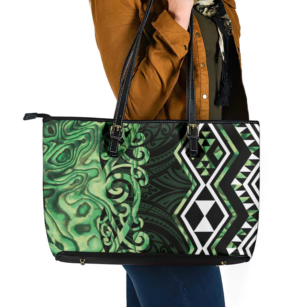 Green Aotearoa Leather Tote Bag Taniko Motifs With Paua Shell Kowhaiwhai