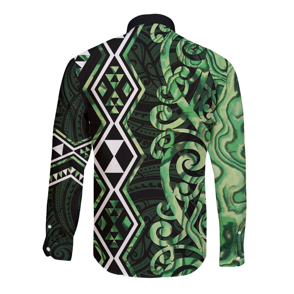 Green Aotearoa Long Sleeve Button Shirt Taniko Motifs With Paua Shell Kowhaiwhai