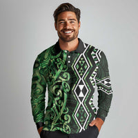 Green Aotearoa Long Sleeve Polo Shirt Taniko Motifs With Paua Shell Kowhaiwhai LT14 - Polynesian Pride