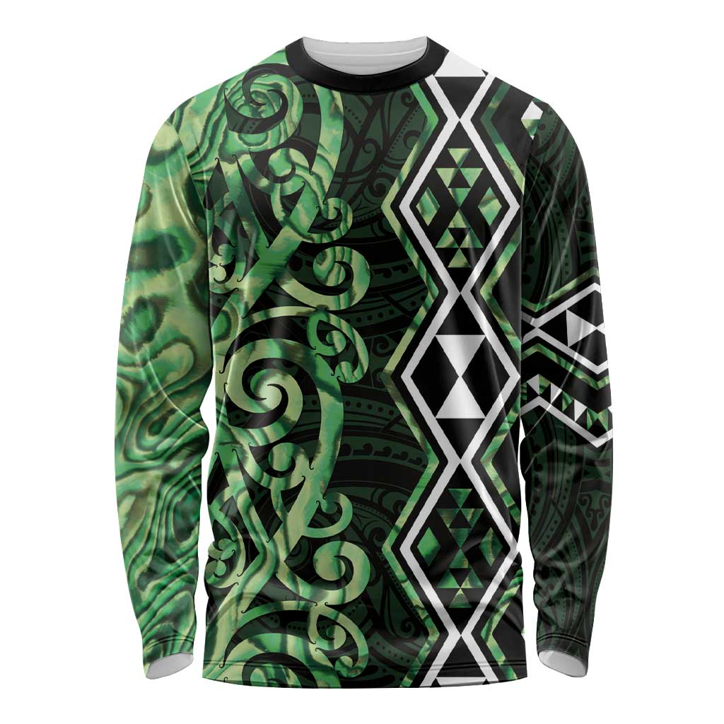 Green Aotearoa Long Sleeve Shirt Taniko Motifs With Paua Shell Kowhaiwhai