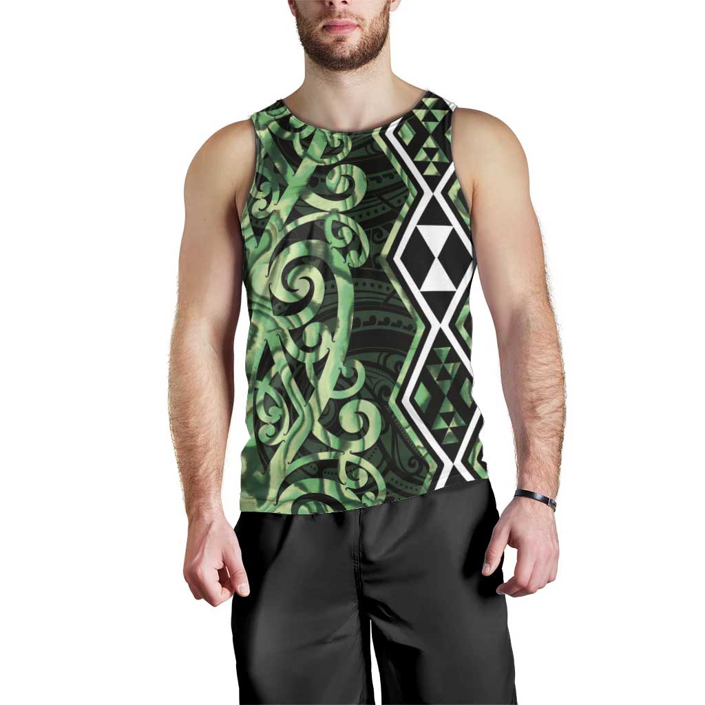 Green Aotearoa Men Tank Top Taniko Motifs With Paua Shell Kowhaiwhai
