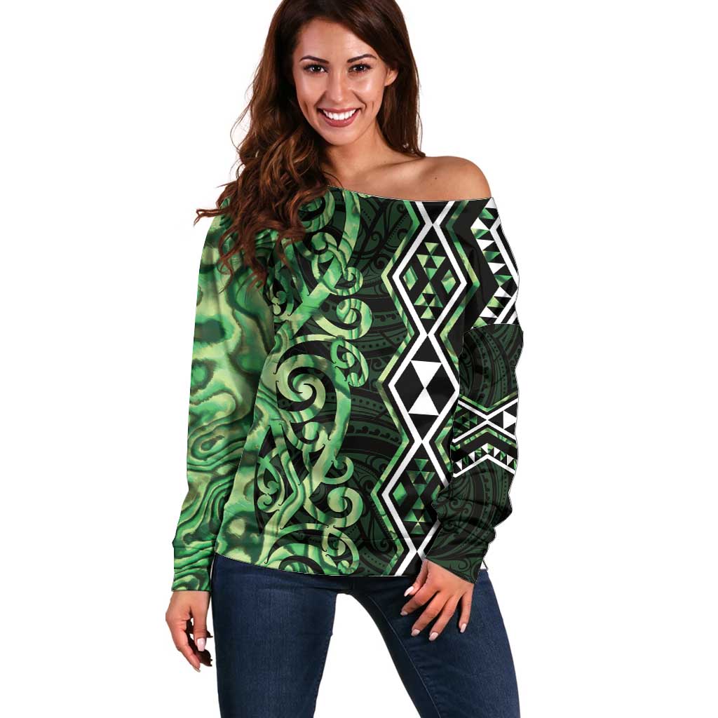 Green Aotearoa Off Shoulder Sweater Taniko Motifs With Paua Shell Kowhaiwhai