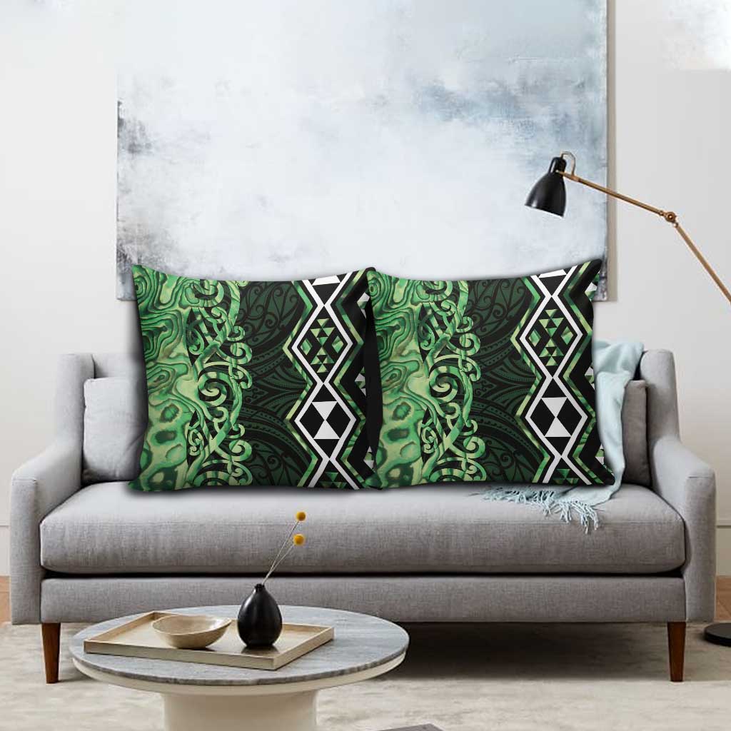 Green Aotearoa Pillow Cover Taniko Motifs With Paua Shell Kowhaiwhai - Polynesian Pride