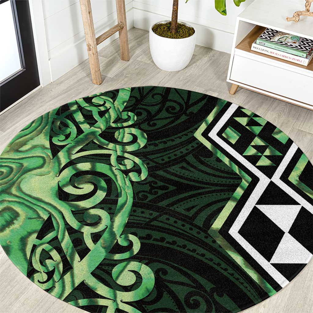 Green Aotearoa Round Carpet Taniko Motifs With Paua Shell Kowhaiwhai LT14 Green - Polynesian Pride