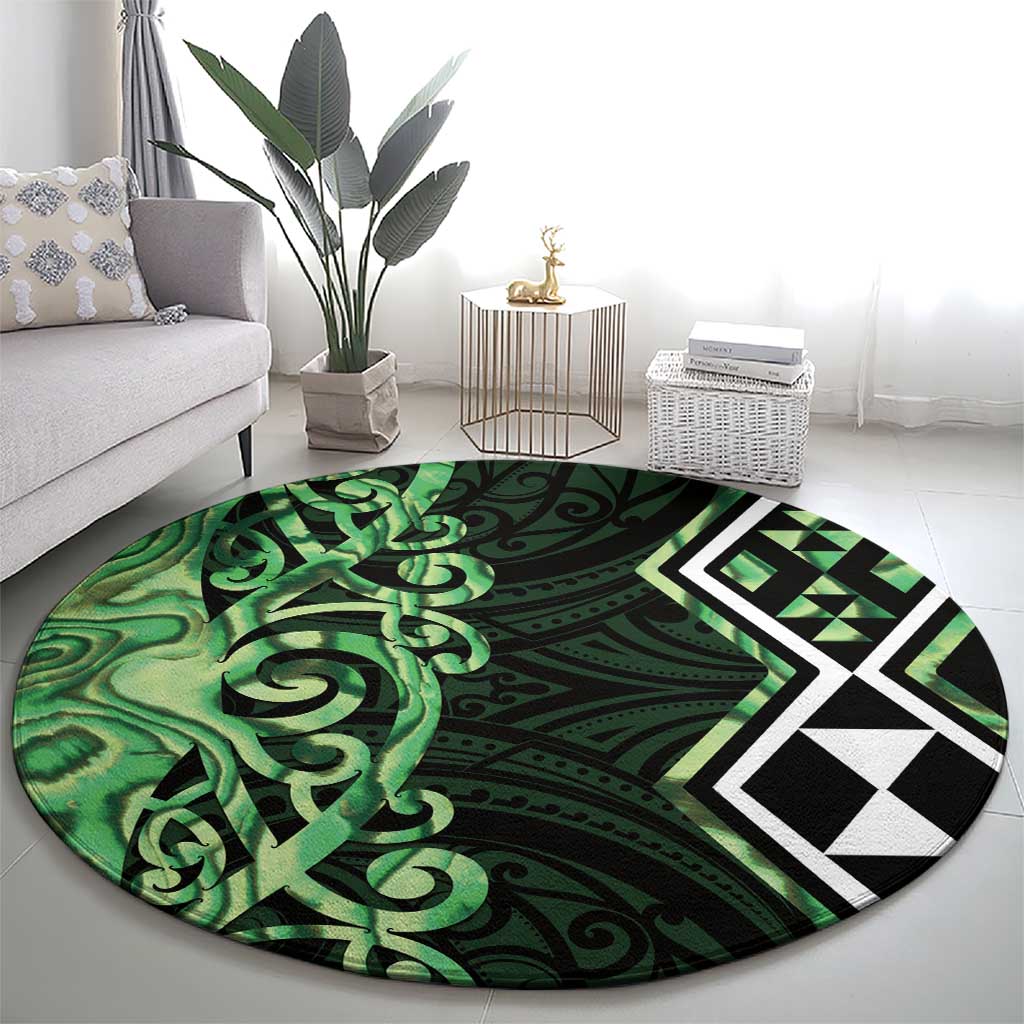 Green Aotearoa Round Carpet Taniko Motifs With Paua Shell Kowhaiwhai LT14 - Polynesian Pride