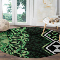 Green Aotearoa Round Carpet Taniko Motifs With Paua Shell Kowhaiwhai LT14 - Polynesian Pride