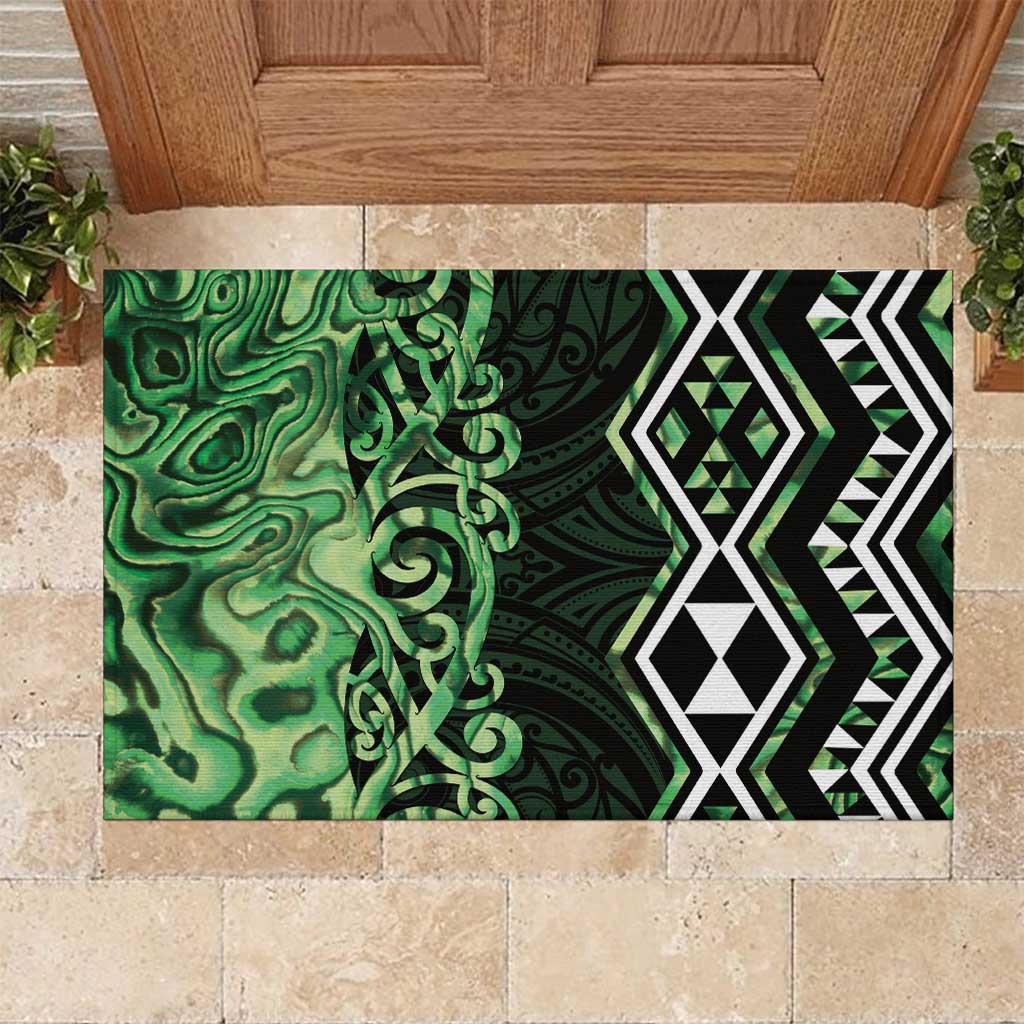 Green Aotearoa Rubber Doormat Taniko Motifs With Paua Shell Kowhaiwhai