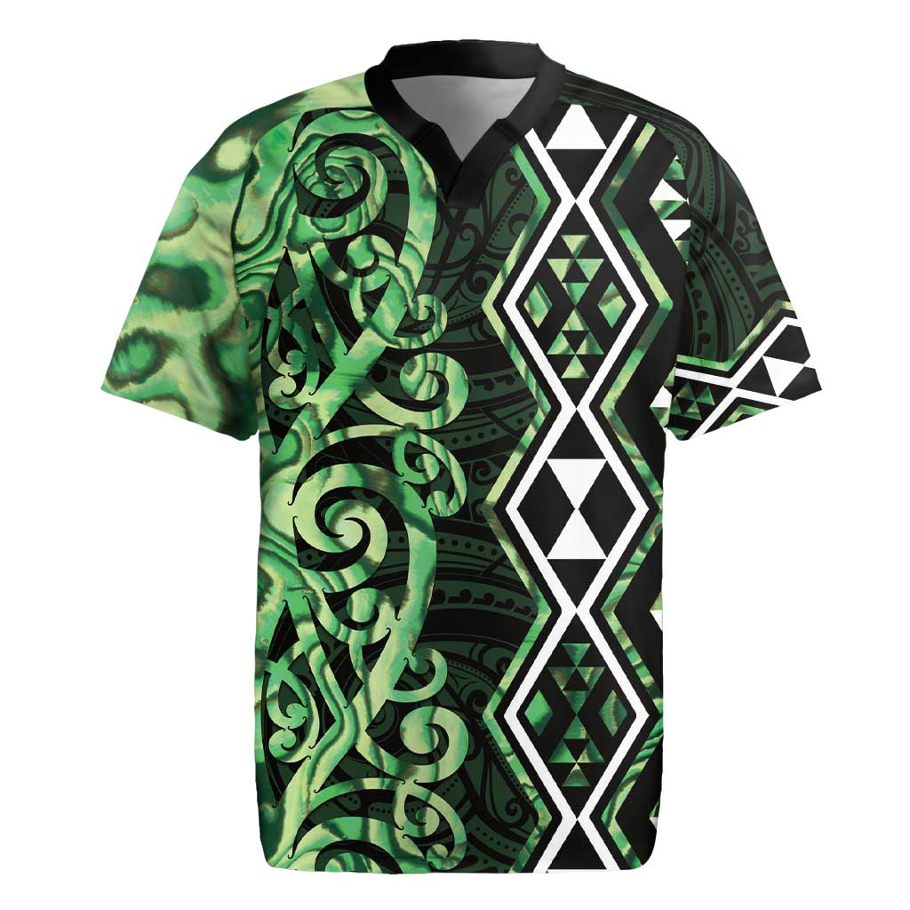 Green Aotearoa Rugby Jersey Taniko Motifs With Paua Shell Kowhaiwhai