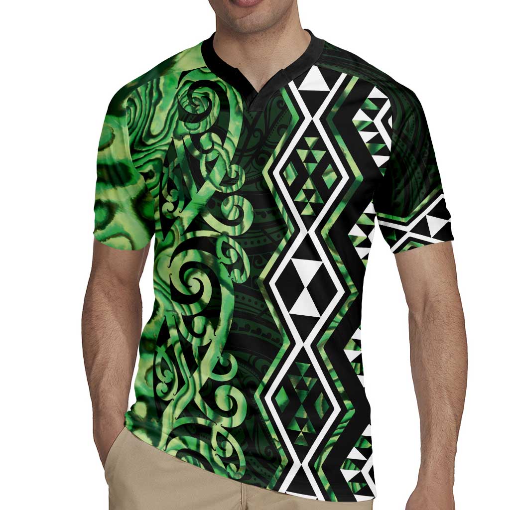 Green Aotearoa Rugby Jersey Taniko Motifs With Paua Shell Kowhaiwhai