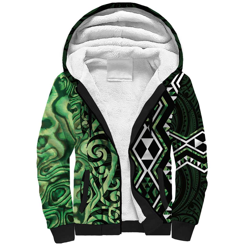 Green Aotearoa Sherpa Hoodie Taniko Motifs With Paua Shell Kowhaiwhai