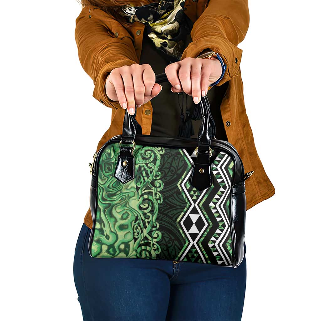 Green Aotearoa Shoulder Handbag Taniko Motifs With Paua Shell Kowhaiwhai