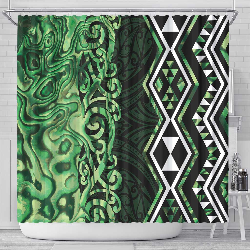Green Aotearoa Shower Curtain Taniko Motifs With Paua Shell Kowhaiwhai