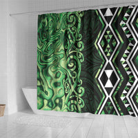 Green Aotearoa Shower Curtain Taniko Motifs With Paua Shell Kowhaiwhai