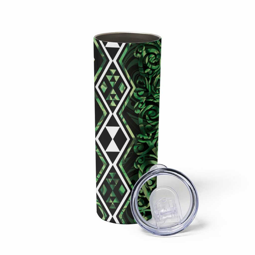 Green Aotearoa Skinny Tumbler Taniko Motifs With Paua Shell Kowhaiwhai