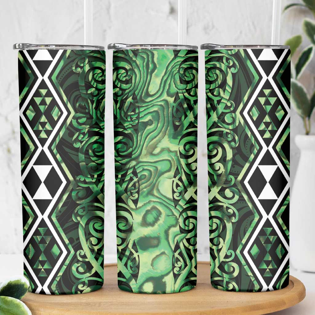 Green Aotearoa Skinny Tumbler Taniko Motifs With Paua Shell Kowhaiwhai