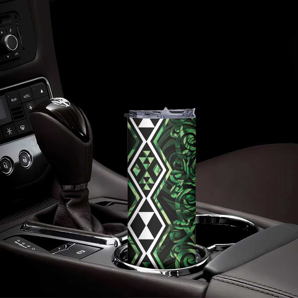 Green Aotearoa Skinny Tumbler Taniko Motifs With Paua Shell Kowhaiwhai