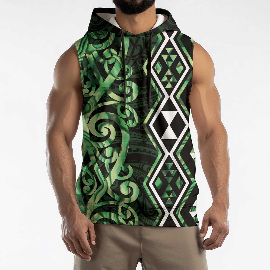 Green Aotearoa Sleeveless Hoodie Taniko Motifs With Paua Shell Kowhaiwhai - Polynesian Pride
