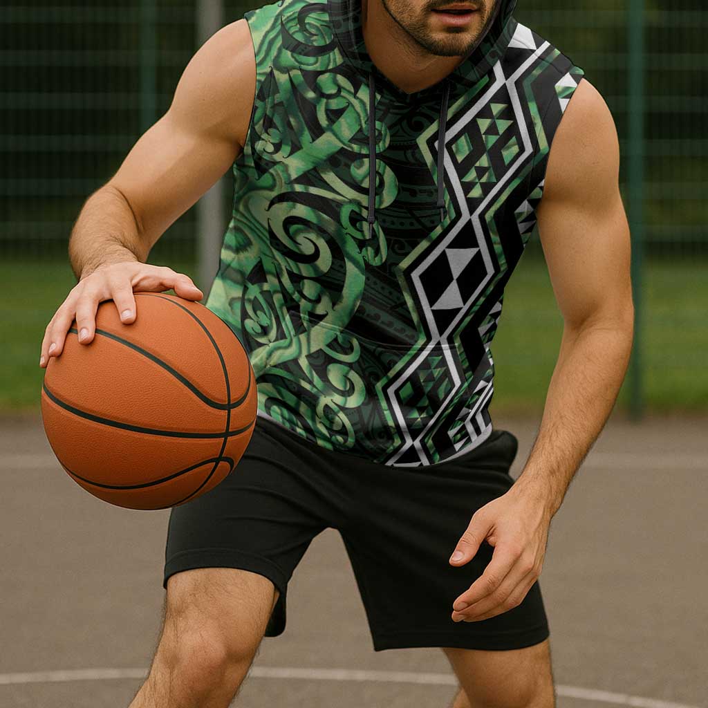 Green Aotearoa Sleeveless Hoodie Taniko Motifs With Paua Shell Kowhaiwhai - Polynesian Pride