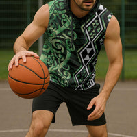 Green Aotearoa Sleeveless Hoodie Taniko Motifs With Paua Shell Kowhaiwhai - Polynesian Pride