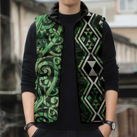 Green Aotearoa Sleeveless Puffer Jacket Taniko Motifs With Paua Shell Kowhaiwhai - Polynesian Pride