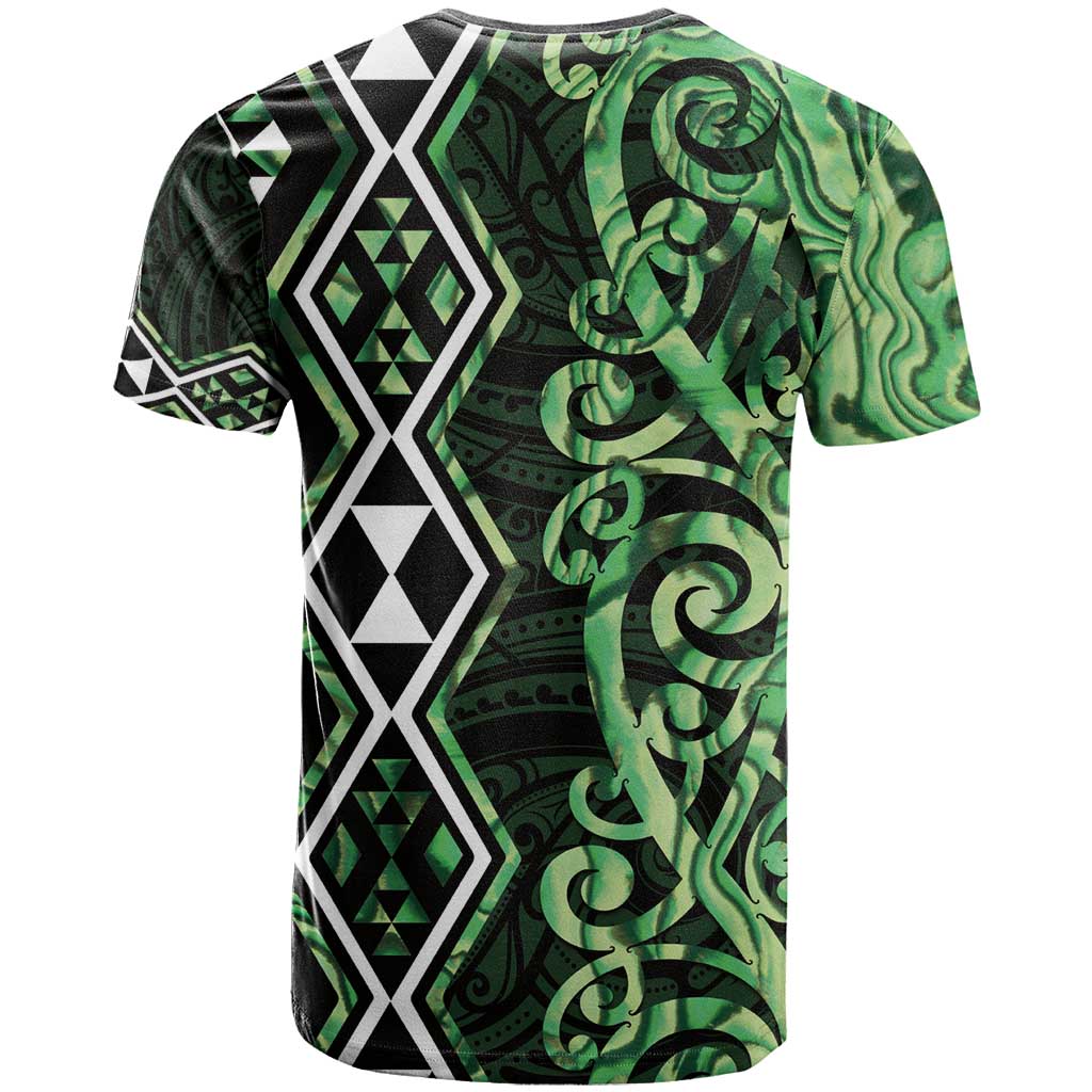 Green Aotearoa T Shirt Taniko Motifs With Paua Shell Kowhaiwhai LT14 - Polynesian Pride