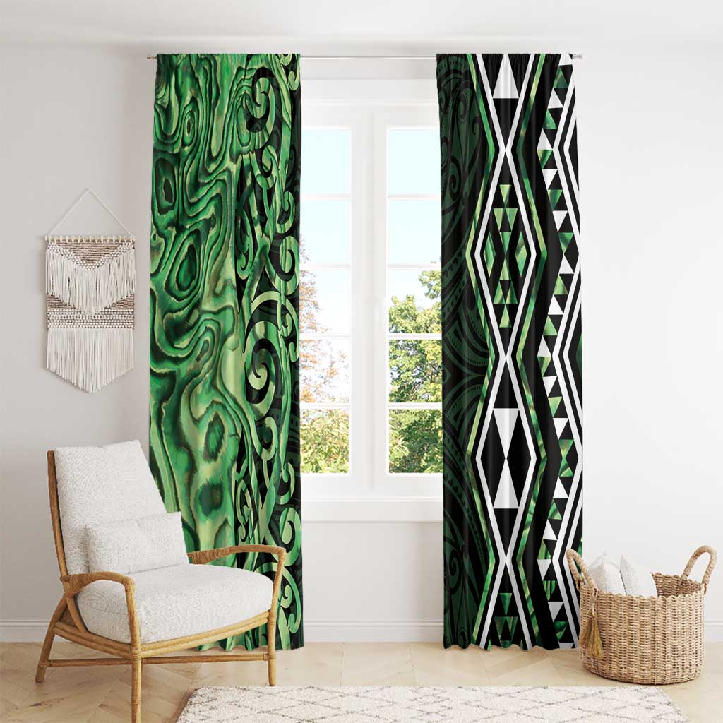 Green Aotearoa Window Curtain Taniko Motifs With Paua Shell Kowhaiwhai
