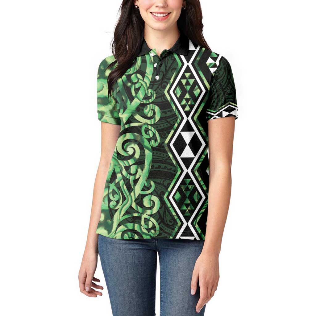 Green Aotearoa Women Polo Shirt Taniko Motifs With Paua Shell Kowhaiwhai