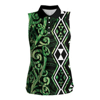 Green Aotearoa Women Sleeveless Polo Shirt Taniko Motifs With Paua Shell Kowhaiwhai LT14 Female Green - Polynesian Pride