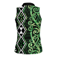 Green Aotearoa Women Sleeveless Polo Shirt Taniko Motifs With Paua Shell Kowhaiwhai LT14 - Polynesian Pride