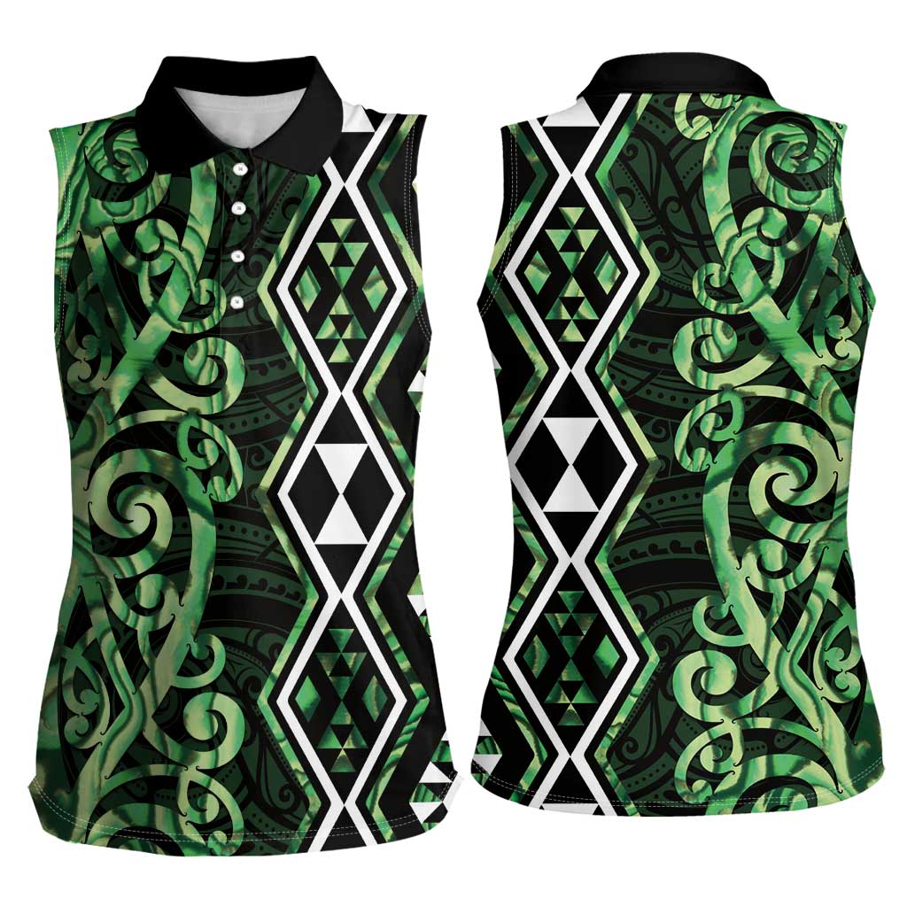 Green Aotearoa Women Sleeveless Polo Shirt Taniko Motifs With Paua Shell Kowhaiwhai LT14 - Polynesian Pride