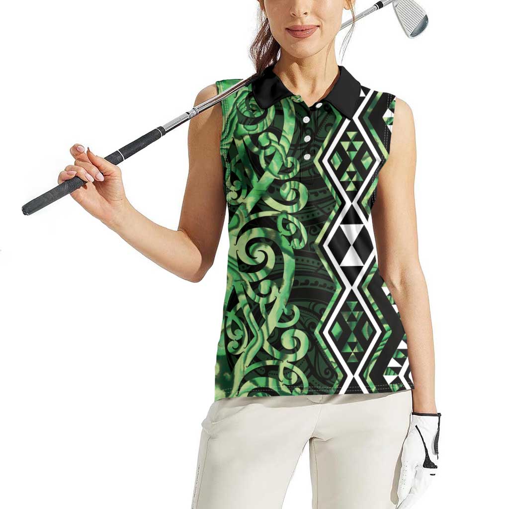 Green Aotearoa Women Sleeveless Polo Shirt Taniko Motifs With Paua Shell Kowhaiwhai LT14 - Polynesian Pride