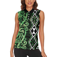 Green Aotearoa Women Sleeveless Polo Shirt Taniko Motifs With Paua Shell Kowhaiwhai LT14 - Polynesian Pride