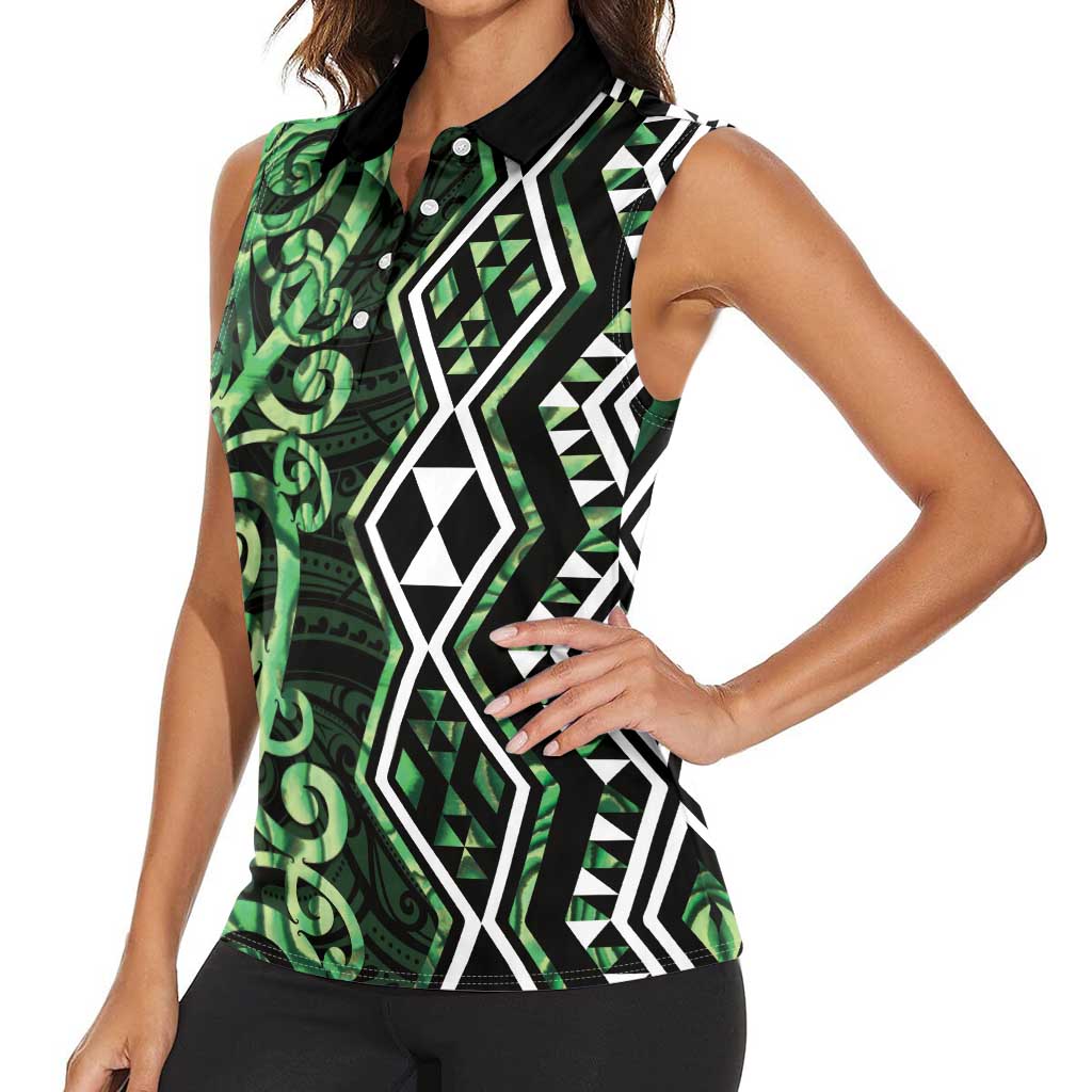 Green Aotearoa Women Sleeveless Polo Shirt Taniko Motifs With Paua Shell Kowhaiwhai LT14 - Polynesian Pride