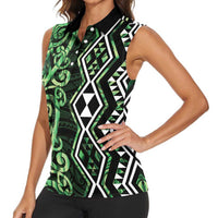 Green Aotearoa Women Sleeveless Polo Shirt Taniko Motifs With Paua Shell Kowhaiwhai LT14 - Polynesian Pride