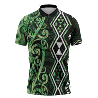 Green Aotearoa Zipper Polo Shirt Taniko Motifs With Paua Shell Kowhaiwhai - Polynesian Pride