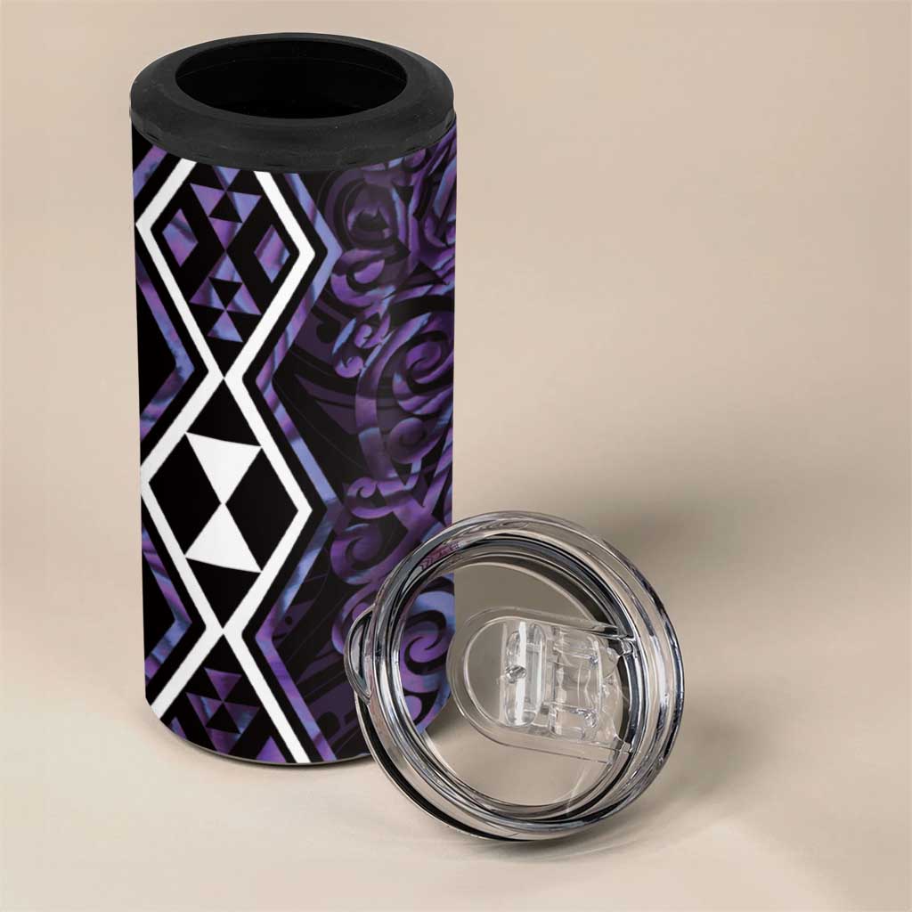 Purple Aotearoa 4 in 1 Can Cooler Tumbler Taniko Motifs With Paua Shell Kowhaiwhai