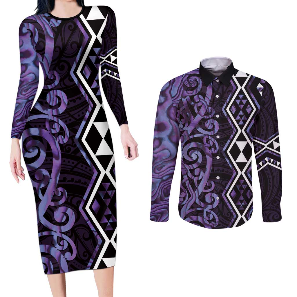 Purple Aotearoa Couples Matching Long Sleeve Bodycon Dress and Long Sleeve Button Shirt Taniko Motifs With Paua Shell Kowhaiwhai