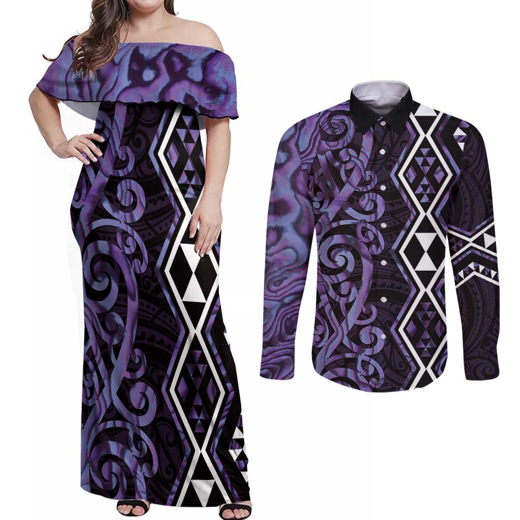 Purple Aotearoa Couples Matching Off Shoulder Maxi Dress and Long Sleeve Button Shirt Taniko Motifs With Paua Shell Kowhaiwhai