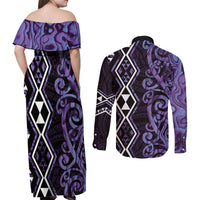 Purple Aotearoa Couples Matching Off Shoulder Maxi Dress and Long Sleeve Button Shirt Taniko Motifs With Paua Shell Kowhaiwhai