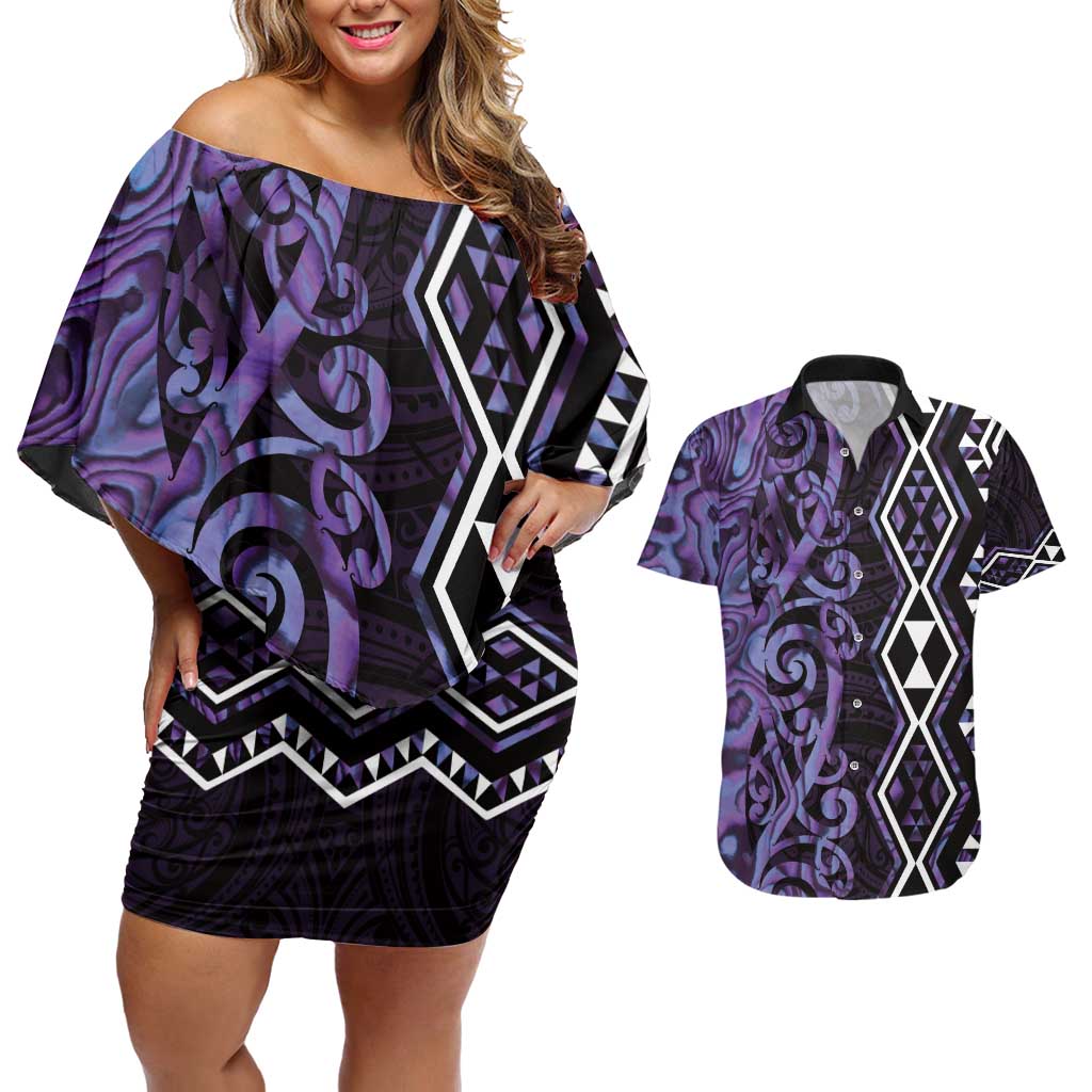 Purple Aotearoa Couples Matching Off Shoulder Short Dress and Hawaiian Shirt Taniko Motifs With Paua Shell Kowhaiwhai