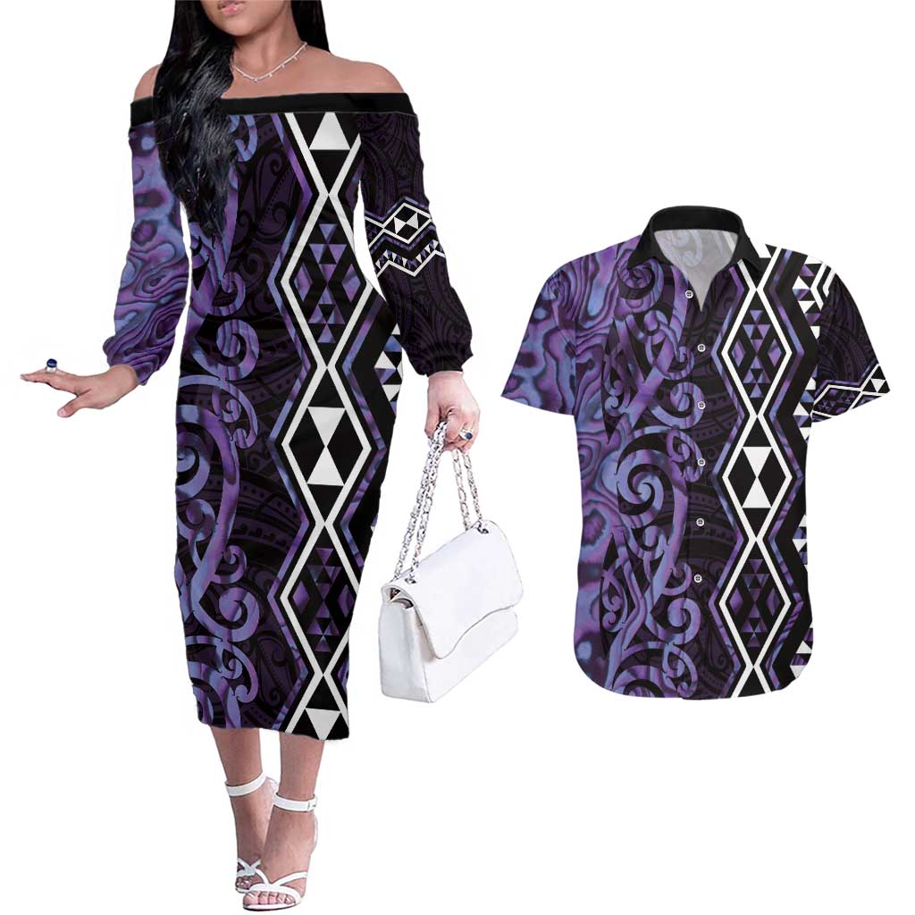 Purple Aotearoa Couples Matching Off The Shoulder Long Sleeve Dress and Hawaiian Shirt Taniko Motifs With Paua Shell Kowhaiwhai