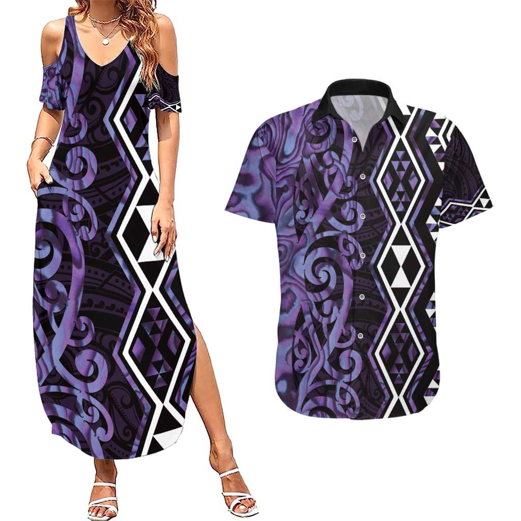 Purple Aotearoa Couples Matching Summer Maxi Dress and Hawaiian Shirt Taniko Motifs With Paua Shell Kowhaiwhai
