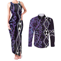 Purple Aotearoa Couples Matching Tank Maxi Dress and Long Sleeve Button Shirt Taniko Motifs With Paua Shell Kowhaiwhai