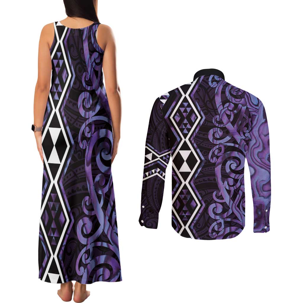 Purple Aotearoa Couples Matching Tank Maxi Dress and Long Sleeve Button Shirt Taniko Motifs With Paua Shell Kowhaiwhai