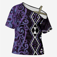 Purple Aotearoa Cross Shoulder Shirt Taniko Motifs With Paua Shell Kowhaiwhai - Polynesian Pride