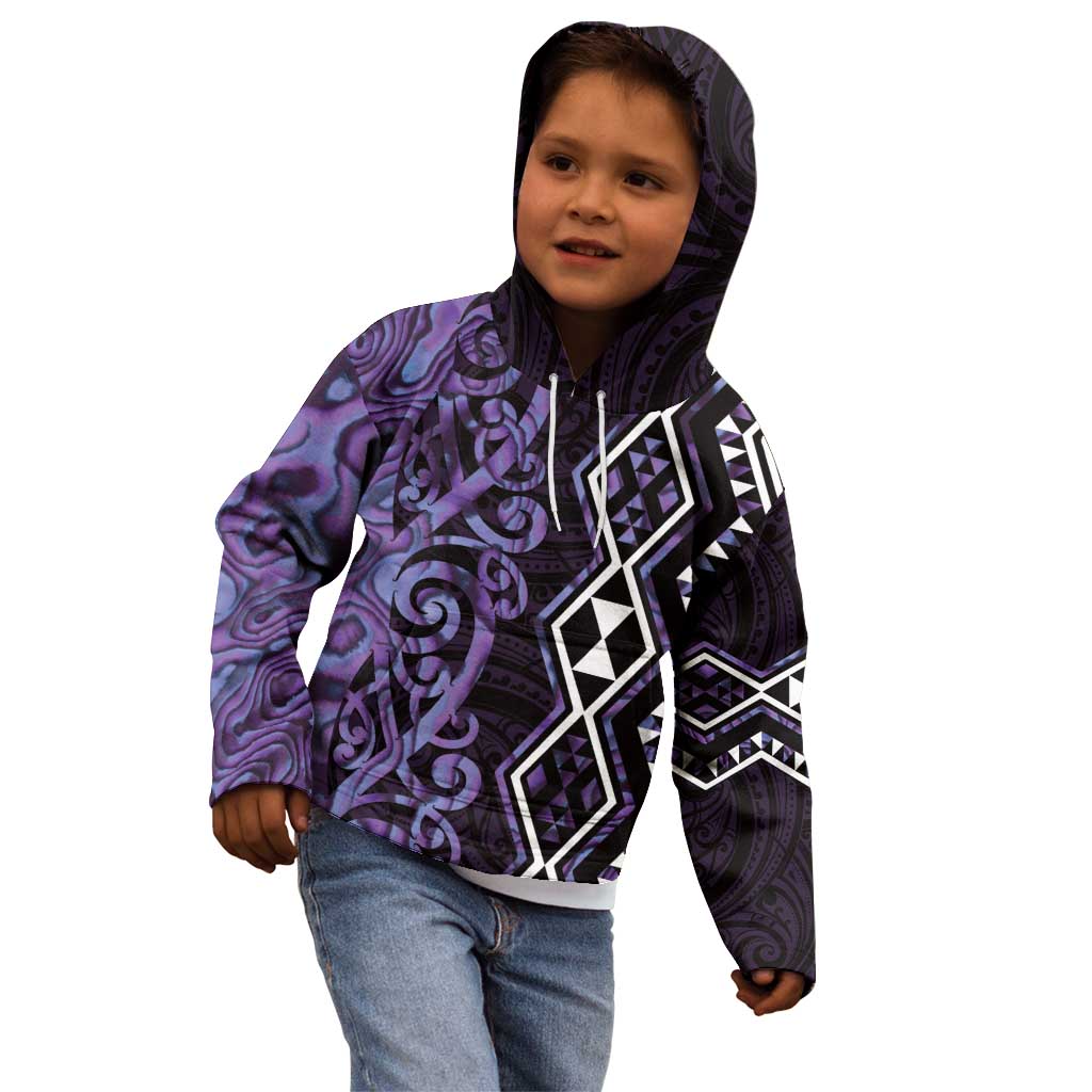 Purple Aotearoa Kid Hoodie Taniko Motifs With Paua Shell Kowhaiwhai LT14 - Polynesian Pride