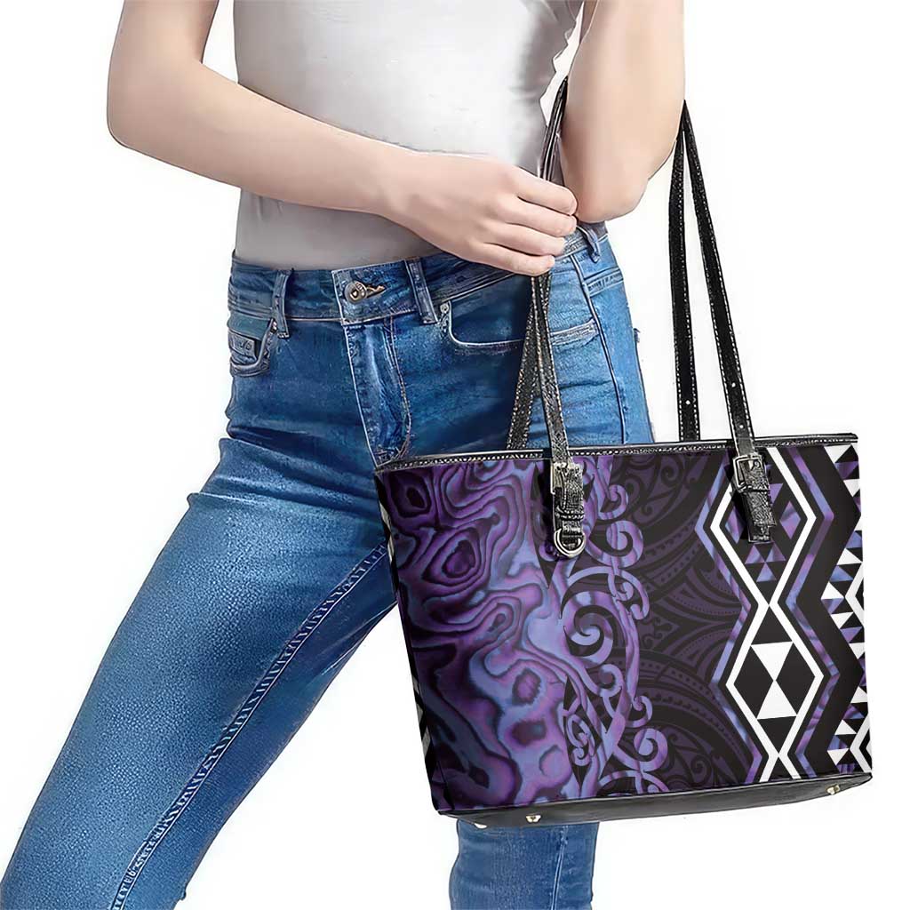 Purple Aotearoa Leather Tote Bag Taniko Motifs With Paua Shell Kowhaiwhai